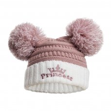 H686-DP: Dusty Pink Cable Knit Hat w/Emb & Pom Poms (0-12M)